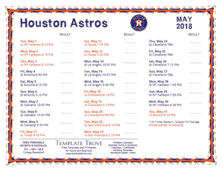 May 2018 Houston Astros Printable Schedule