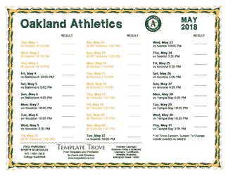 May 2018 Oakland Athletics Printable Schedule
