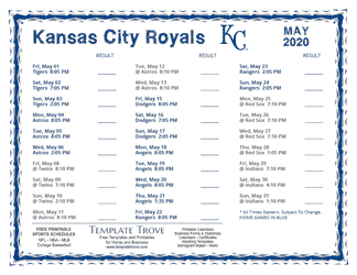 May 2020 Kansas City Royals Printable Schedule