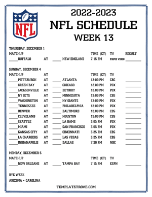 Printable 2022-23 NFL Schedule Week 13 - Central Times