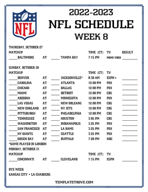 Printable 2022-23 NFL Schedule Week 8 - Central Times
