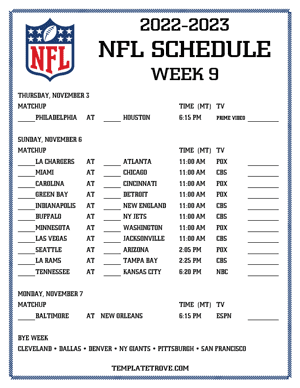 Printable 2022-23 NFL Schedule Week 9 - Mountain Times