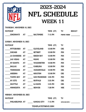 Printable 2023-24 NFL Schedule Week 11 - Central Times