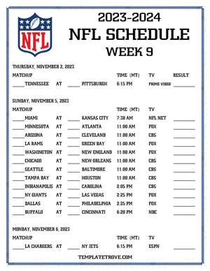 Printable 2023-24 NFL Schedule Week 9 - Mountain Times