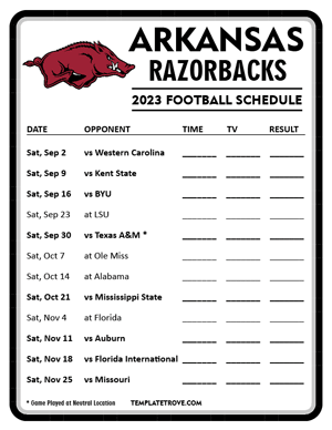 Arkansas Razorbacks Football 2023 Printable Schedule - Style 4
