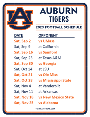 Auburn Tigers Football 2023 Printable Schedule