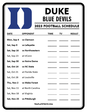 Duke Blue Devils Football 2023 Printable Schedule - Style 4