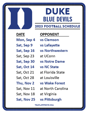 Duke Blue Devils Football 2023 Printable Schedule