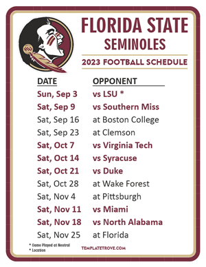 Florida State Seminoles Football 2023 Printable Schedule