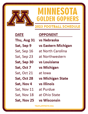 Minnesota Golden Gophers Football 2023 Printable Schedule