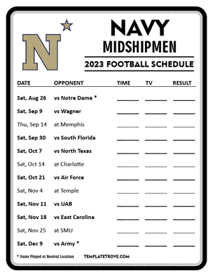 Navy Midshipmen Football 2023 Printable Schedule - Style 4
