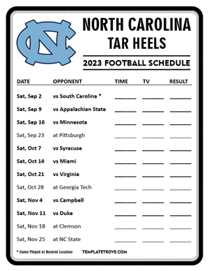 North Carolina Tar Heels Football 2023 Printable Schedule - Style 4
