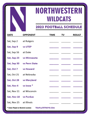 Northwestern Wildcats Football 2023 Printable Schedule - Style 3