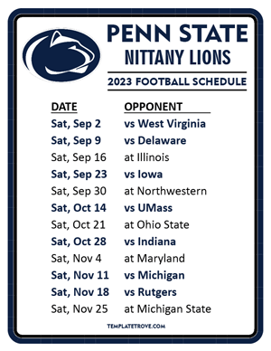 Penn State Nittany Lions Football 2023 Printable Schedule