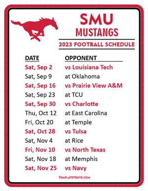 SMU Mustangs Football 2023 Printable Schedule