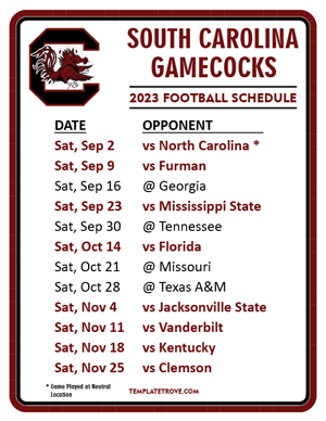 South Carolina Gamecocks Football 2023 Printable Schedule