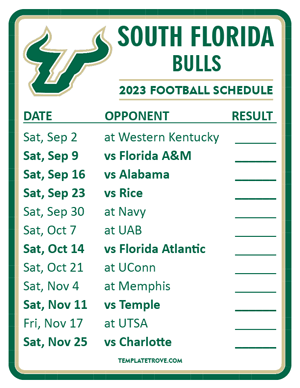 South Florida Bulls Football 2023 Printable Schedule  - Style 2