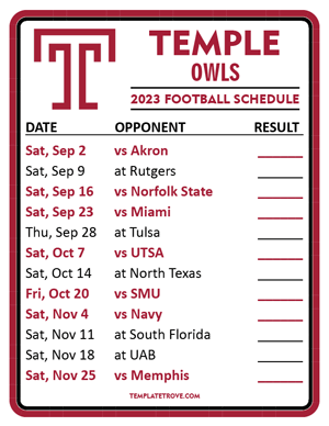 Temple Owls Football 2023 Printable Schedule  - Style 2