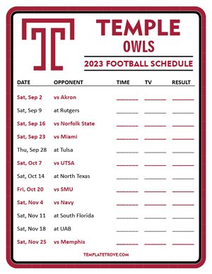 Temple Owls Football 2023 Printable Schedule - Style 3