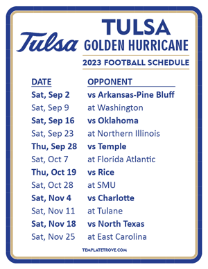 Tulsa Golden Hurricane Football 2023 Printable Schedule