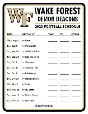 Wake Forest Demon Deacons Football 2023 Printable Schedule - Style 3