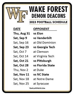 Wake Forest Demon Deacons Football 2023 Printable Schedule