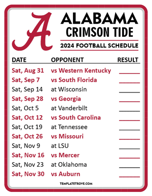 Alabama Crimson Tide Football 2024
 Printable Schedule  - Style 2