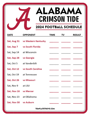 Alabama Crimson Tide Football 2024
 Printable Schedule - Style 3