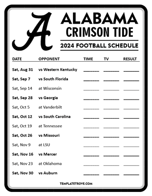 Alabama Crimson Tide Football 2024
 Printable Schedule - Style 4