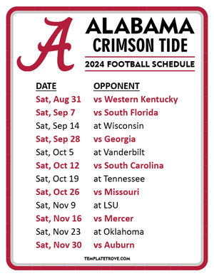Alabama Crimson Tide Football 2024
 Printable Schedule