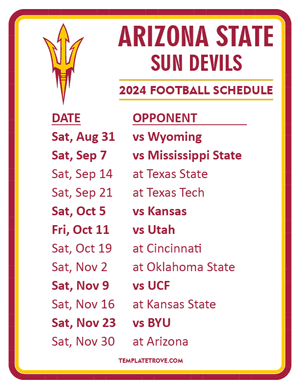 Arizona State Sun Devils Football 2024
 Printable Schedule