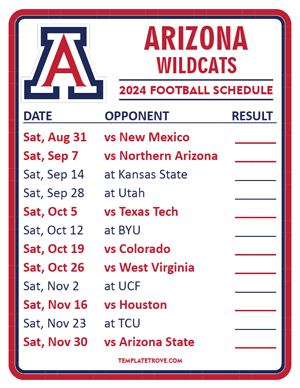 Arizona Wildcats Football 2024
 Printable Schedule  - Style 2