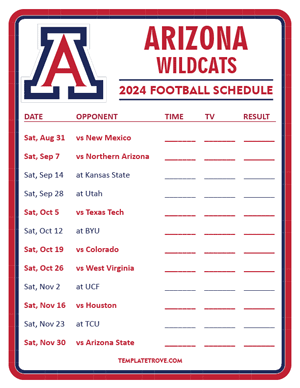 Arizona Wildcats Football 2024
 Printable Schedule - Style 3