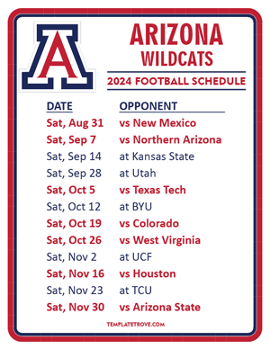 Arizona Wildcats Football 2024
 Printable Schedule
