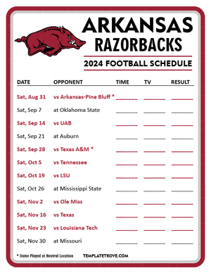Arkansas Razorbacks Football 2024
 Printable Schedule - Style 3