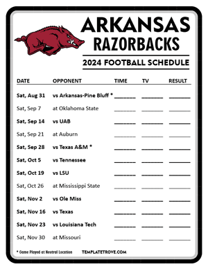 Arkansas Razorbacks Football 2024
 Printable Schedule - Style 4