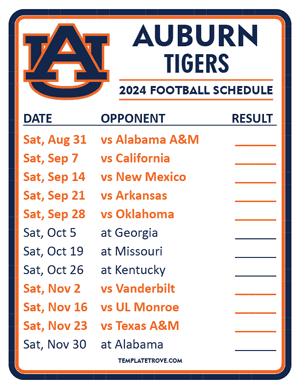 Auburn Tigers Football 2024
 Printable Schedule  - Style 2