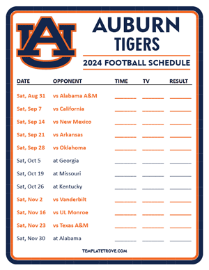 Auburn Tigers Football 2024
 Printable Schedule - Style 3