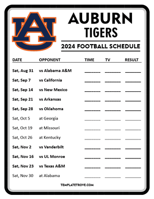 Auburn Tigers Football 2024
 Printable Schedule - Style 4