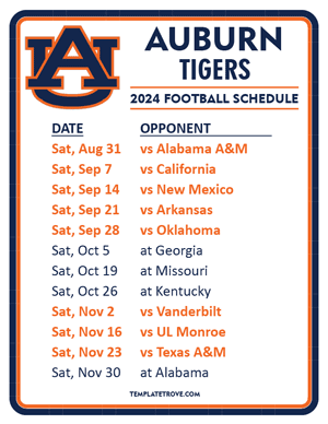Auburn Tigers Football 2024
 Printable Schedule