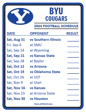 BYU Cougars
 Football 2024
 Printable Schedule  - Style 2