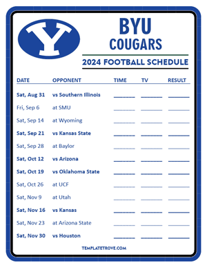 BYU Cougars
 Football 2024
 Printable Schedule - Style 3
