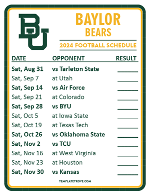 Baylor Bears Football 2024
 Printable Schedule  - Style 2