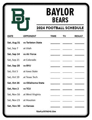 Baylor Bears Football 2024
 Printable Schedule - Style 4