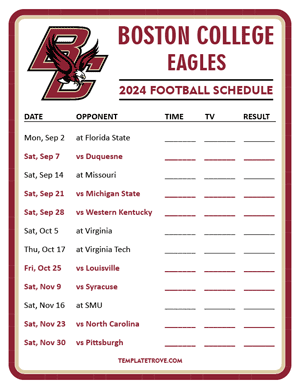 Boston College Eagles Football 2024
 Printable Schedule - Style 3