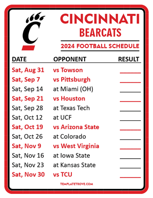 Cincinnati Bearcats Football 2024
 Printable Schedule  - Style 2
