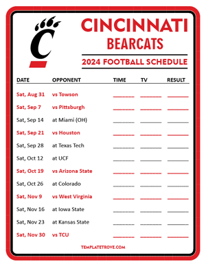 Cincinnati Bearcats Football 2024
 Printable Schedule - Style 3