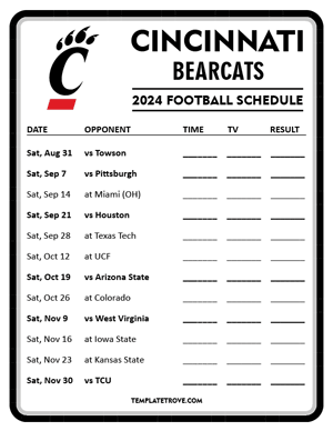 Cincinnati Bearcats Football 2024
 Printable Schedule - Style 4