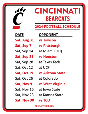 Cincinnati Bearcats Football 2024
 Printable Schedule