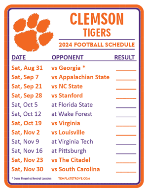 Clemson Tigers Football 2024
 Printable Schedule  - Style 2